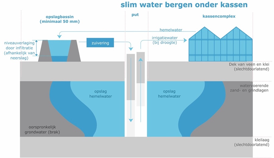 Schematische weergave van ondergrondse waterberging ten behoeve van gietwatervoorziening in de glastuinbouw