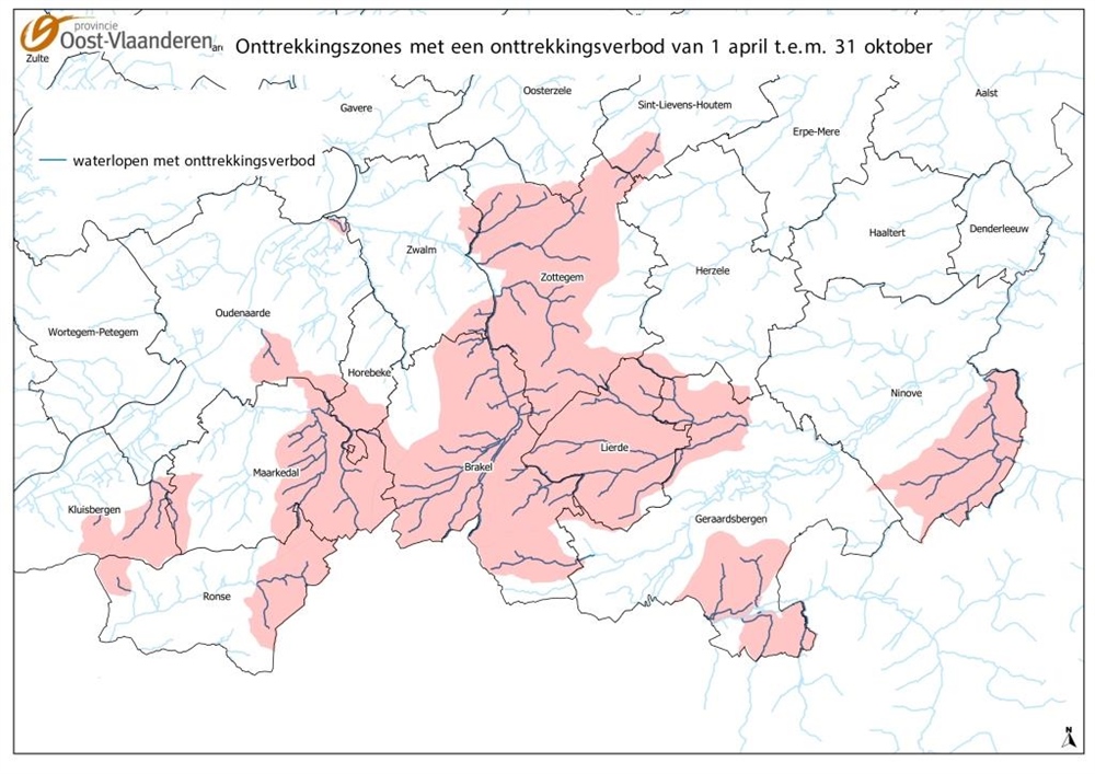 Kaart: Overzicht onttrekkingszones met een onttrekkingsverbod van 1 april t.e.m. 31 oktober