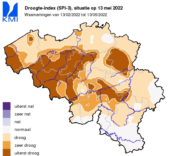 	Droogte-index (SPI-3), situatie op 13 mei 2022.